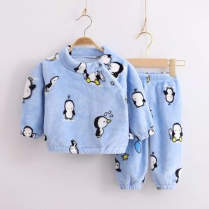 Kids Cute Cartoon Pattern Flannel Warm Tops And Pants Set