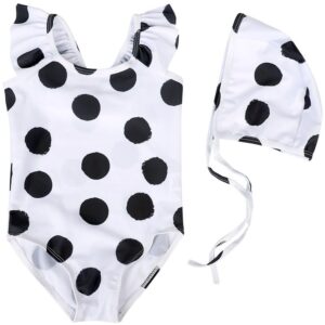 Girls Fashion Stringy Selvedge Design Polka Dot Pattern Swimwear With Cap