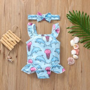 Children Kids Toddlers Fashion Girls Ruffle Sleeve Cartoon Print Swimsuit