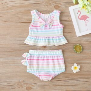 Girls Simple Bowknot Decor Striped Tops And Shorts Swimwear