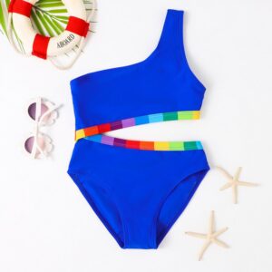 Girl Fashion Casual Rainbow Strip Slanted Shoulder One-Piece Swimwear
