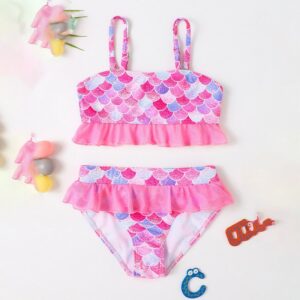 Girl Fashion Cute Mermaid Printed Top Ruffled Shorts Swimwear Two-Piece Set