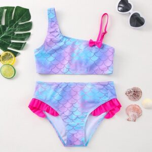 Kids Toddler Girls Casual Cute Bikini Fish Scale Gradient Color One-Shoulder Tankinis Swimwear