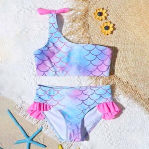 Kids Toddler Girls Casual Cute Bikini Fish Scale Gradient Color One-Shoulder Tankinis Swimwear