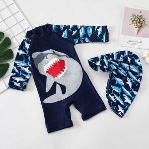 Kids Toddler Boys Casual Cute Cartoon Shark Print Long Sleeve One Piece Swimwear