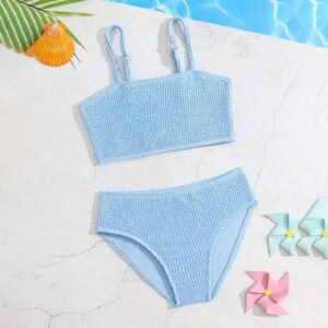 Kids Baby Girls Fashion Casual Solid Color Rib-Knit Tankinis Swimwear