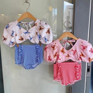 Kids Girls Casual Cartoon Butterfly Pattern Backless Crop Puff Sleeve Top And Plaid Shorts With Swim Cap Swimsuit Set