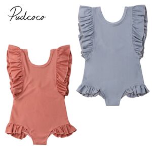 Kids Girls Basic Solid Color Sleeveless Ruffled Swimwear