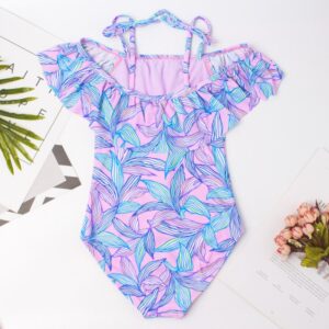 Kids Girls Casual Purple Leaf Ruffled Off-the-shoulder Swimwear