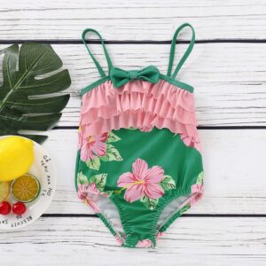 Fresh Girl Bathing Suit Flower Print Spaghetti Strap Swimwear