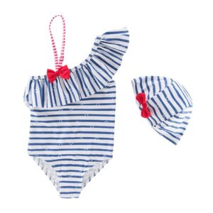 2 Pcs Girl Red Stripes Printed Swimwear And Cap