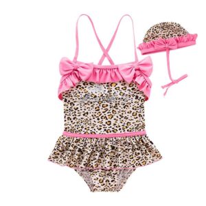 2 Pcs Girl Leopard Printed Swimwear And Cap