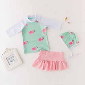 3 Pcs Girl Fanimgo Printed Swimsuit And Bathing Cap