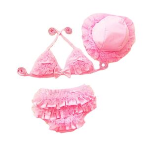 3Pcs Set Kids Divided Solid Color Cute Bikini Backless Swimsuit With Hat