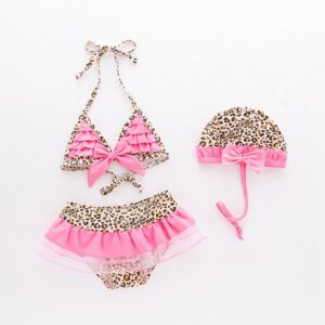 3 Pcs Girl Leopard Printed Swimsuit And Cap