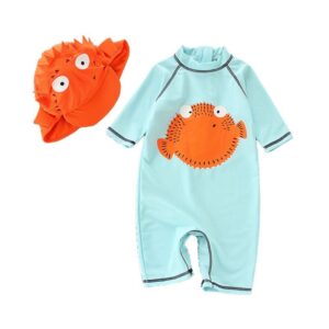 2 Pcs Boys Fish Printed Swimwear And Swimming Cap