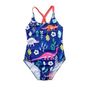 Cute Girls Dinosaur Printed Criss Cross Back Swimwear
