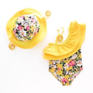 2 Pcs Girl Flower Printed Swimwear And Cap