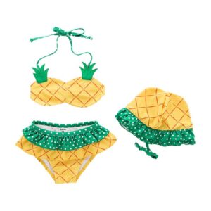 3 Pcs Girl Pineapple Pattern Halterneck Swimsuit And Bathing Cap