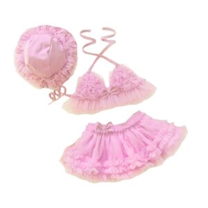 3Pcs Set Kids Solid Color Divided Cute Off Shoulder Bikini Swimsuit With Hat