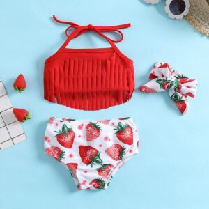 Toddlers Newborn Baby Fashion Girls Strawberry Printed Tassel Sling Swimsuit 3pcs Set