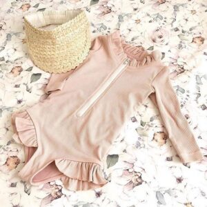 Toddler Kids Baby Girls Knitted Front Zipper Long Sleeve Ruffles Swimwear