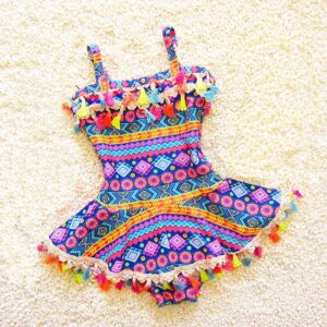 Kids Girls Ethnic Tassel Geometry All Over Print One Piece Beach Swimwear