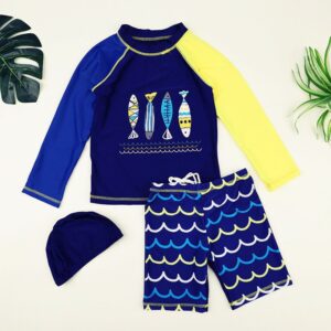 Kids Boys Cool Cartoon Long Sleeve Beachwear Elastic Swimwear With Cap Three Pieces Set
