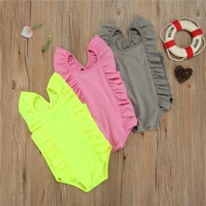 Kids Girls Simple Solid Color Sleeveless Backless Ruffled Beachwear Bathing Swimwear