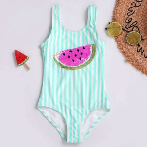 Kids Girls Cute Watermelon Sequin Stripe One Piece Beachwear Swimsuit