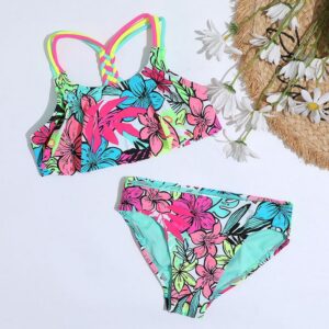 Kids Girls Basic Tropical Flower All Over Print Crochet Strap Top And Bottom Bikini Set