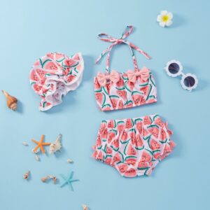 Baby Girls Cute Watermelon All Over Print Sleeveless Bow Stringy Selvedge Tops And Shorts With Hat Bikini Set