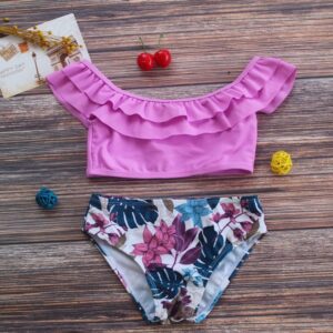 Kids Girls Leaf Print Ruffled Beachwear Pool Bikini Set Two-piece Swimsuit