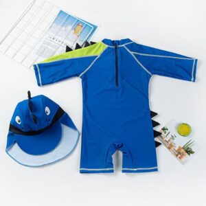 Kids Boys Cute Round Neck Long Sleeve Cartoon Dinosaur Swimsuit With Hat