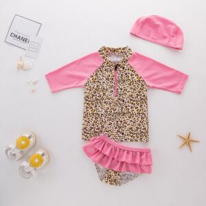 3 Pcs Girl Leopard Print Swimsuit And Bathing Cap
