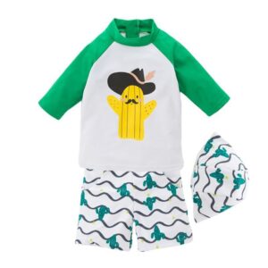 3 Pcs Boys Cactus Printed Swimsuit And Cap