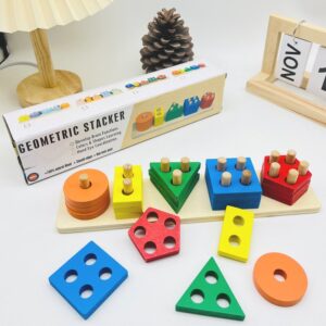 Wooden Shape Geometric Pile Tower Stacking Set Column Building Blocks Toys