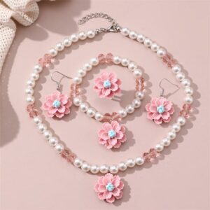 Kids Girls Cute Sweet Flower Pearl Jewelry 4 Piece Set