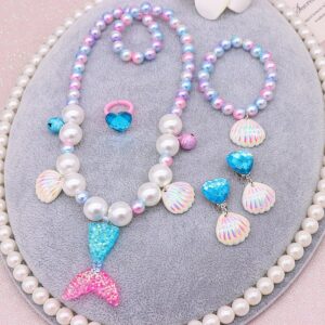Kids Girls Cute Sweet Party Pearl Shell Necklace Bracelet Ring Earrings Set