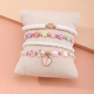 Children Kids Toddlers Girls Flower Heart Bead Bracelet Set