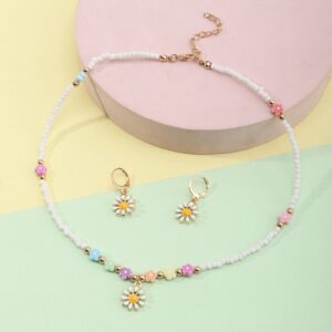 Children Kids Baby Fashion Girls Flower Bead Necklace Earrings Set