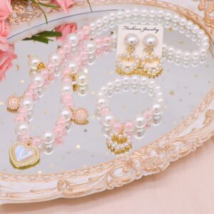 Children Kids Baby Fashion Girls Heart Pearl Bead Necklace Bracelet Earrings Set