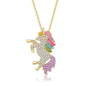 Kids Gift Cute Running Unicorn Pendant Inset Gemstone Necklace