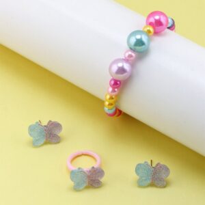 Children Kids Toddlers Fashion Girls Butterfly Multicolor Acrylic Beaded Bracelet Earrings Ring Set