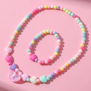 Children Kids Toddlers Acrylic Sequin Heart Beaded Bracelet Necklace Set