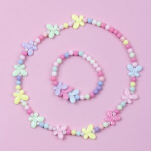 Children Kids Toddlers Acrylic Butterfly Beaded Bracelet Necklace Set