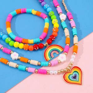 Kids Fashion Rainbow Multicolor Soft Pottery + Alloy Rainbow Pendant Multilayer Necklace Bracelet Set Jewelry