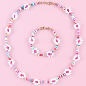 Kids Pure Handwoven Small Daisy Soft Pottery + Rice Bead Bracelet Necklace Set Jewelry
