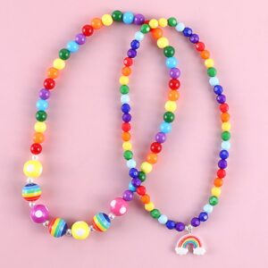 Kids Rainbow Pendant Acrylic Multicolor Stripe Bead Necklace Jewelry