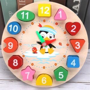 Wooden Clock Puzzle Cartoon Animal Shape Tangram Cognitive Digital Clock Kids Early Educational Threading Assembly Toy
